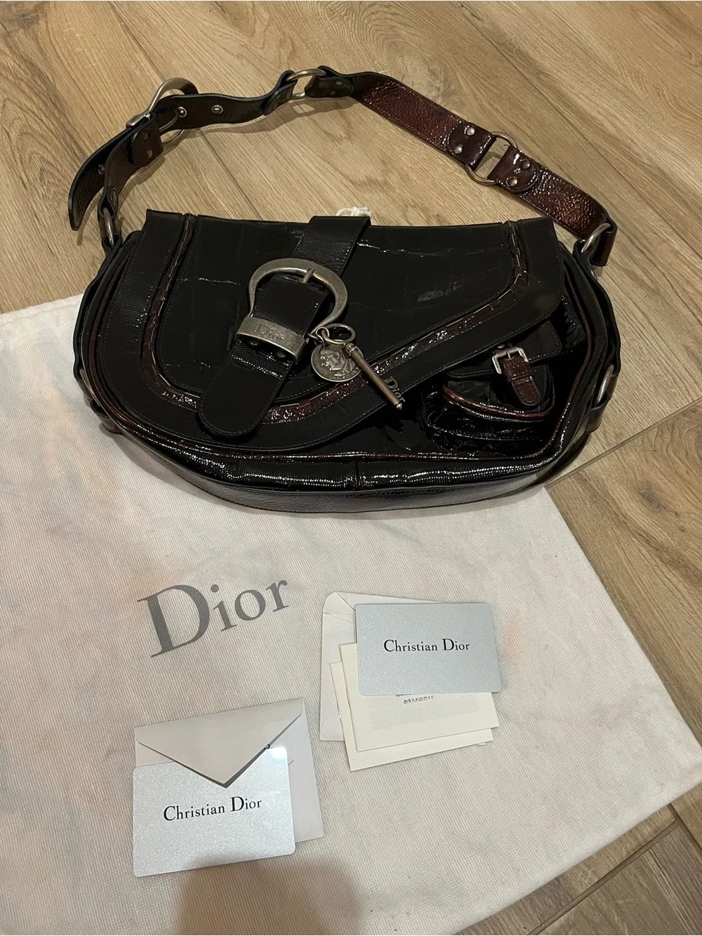 Christian Dior Gaucho Saddle Bag Bordeaux Patent Leather Galliano Vintage NWOT - Picture 2 of 8